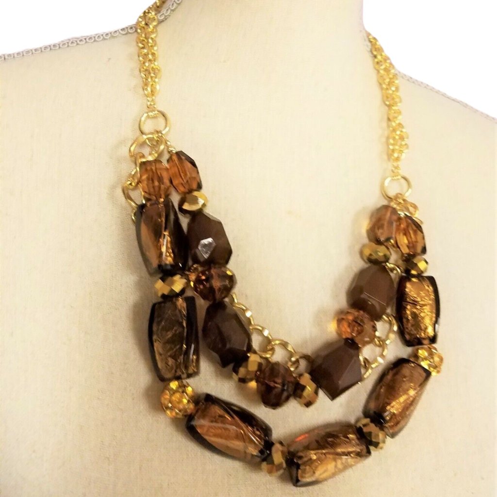 Nwt Gold Tone Dressbarn Brown Chunky Jewelry Set Necklace Earrings Chain